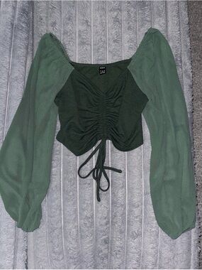 SHEIN Dark Green Ruched Tie-Front Crop Top with Sheer Balloon Sleeves